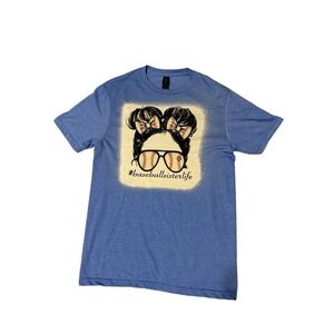 Baseball Sister Life Messy Bun Graphic T-Shirt Blue Gildan Softstyle Adult Small